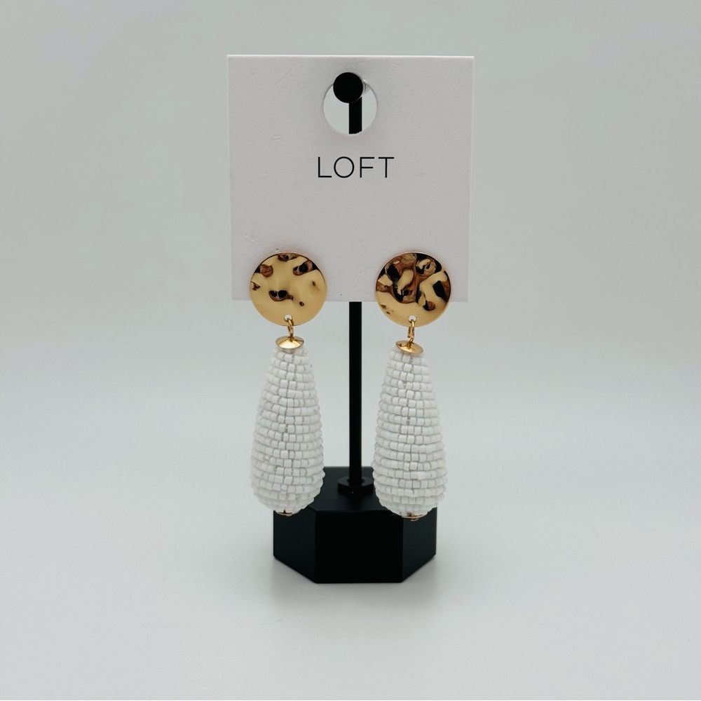 LOFT White Beaded Teardrop Earrings Gold Tone Molded Coin Statement NWT 903507